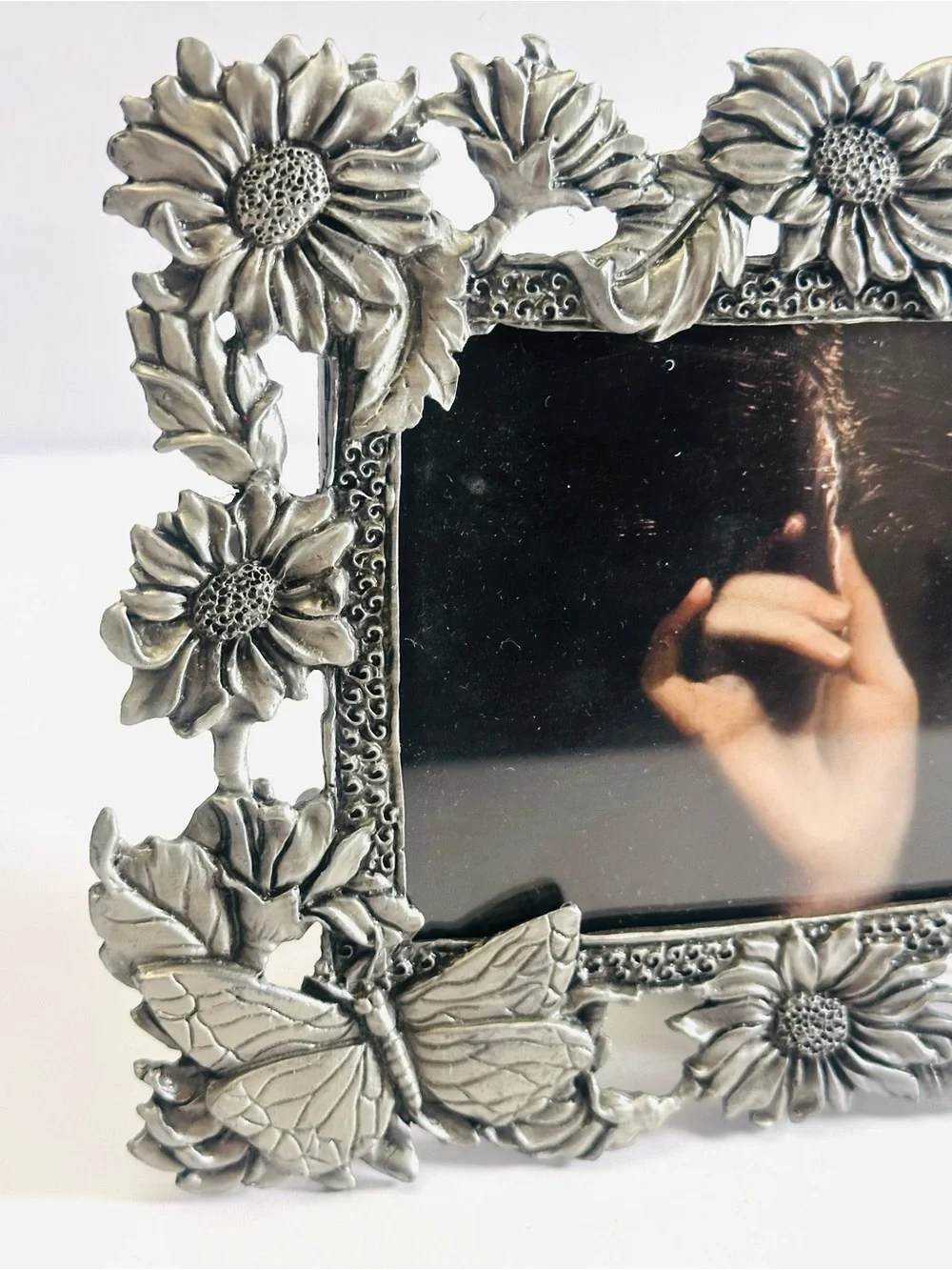 1980s Moon Garden Butterfly — Vintage Pewter Botanical Frame5x3.5” Heavy Ornate